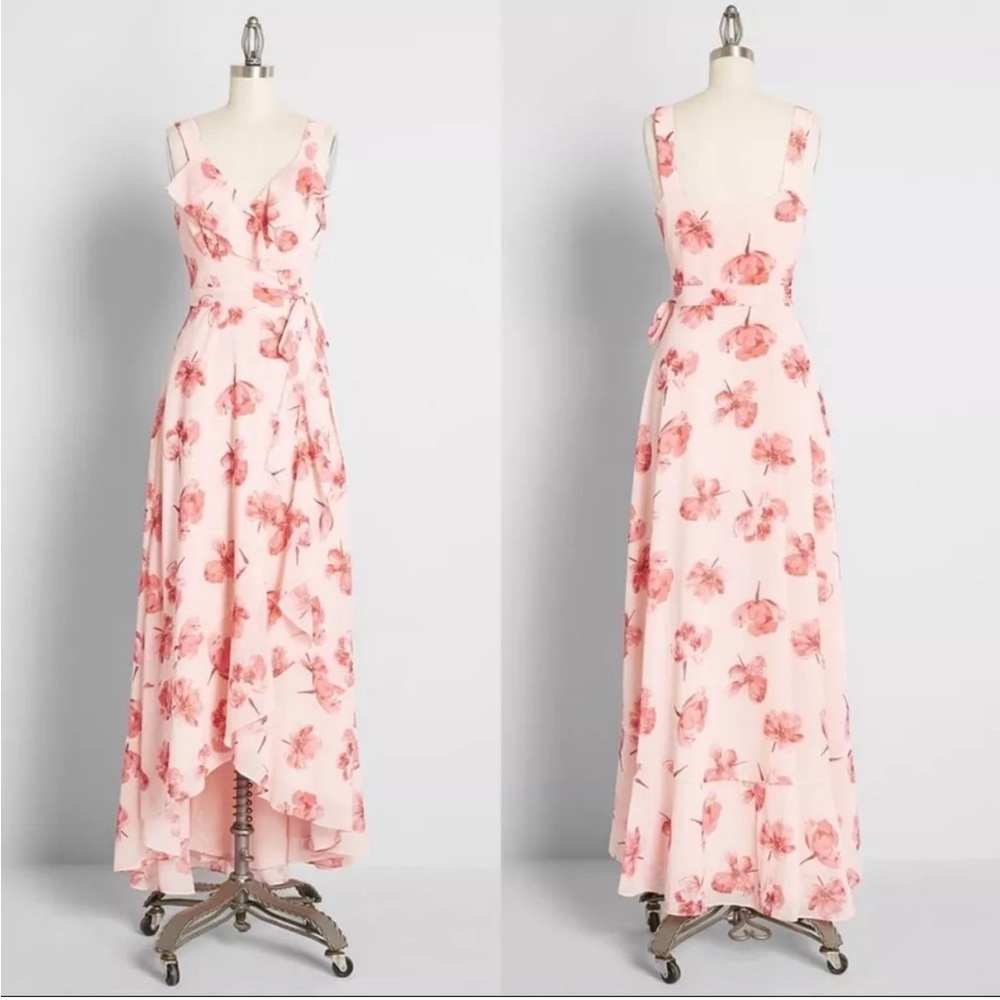 Hutch Terracotta pink Tossed Tulips Dress maxi ruffle tie closure floral size S